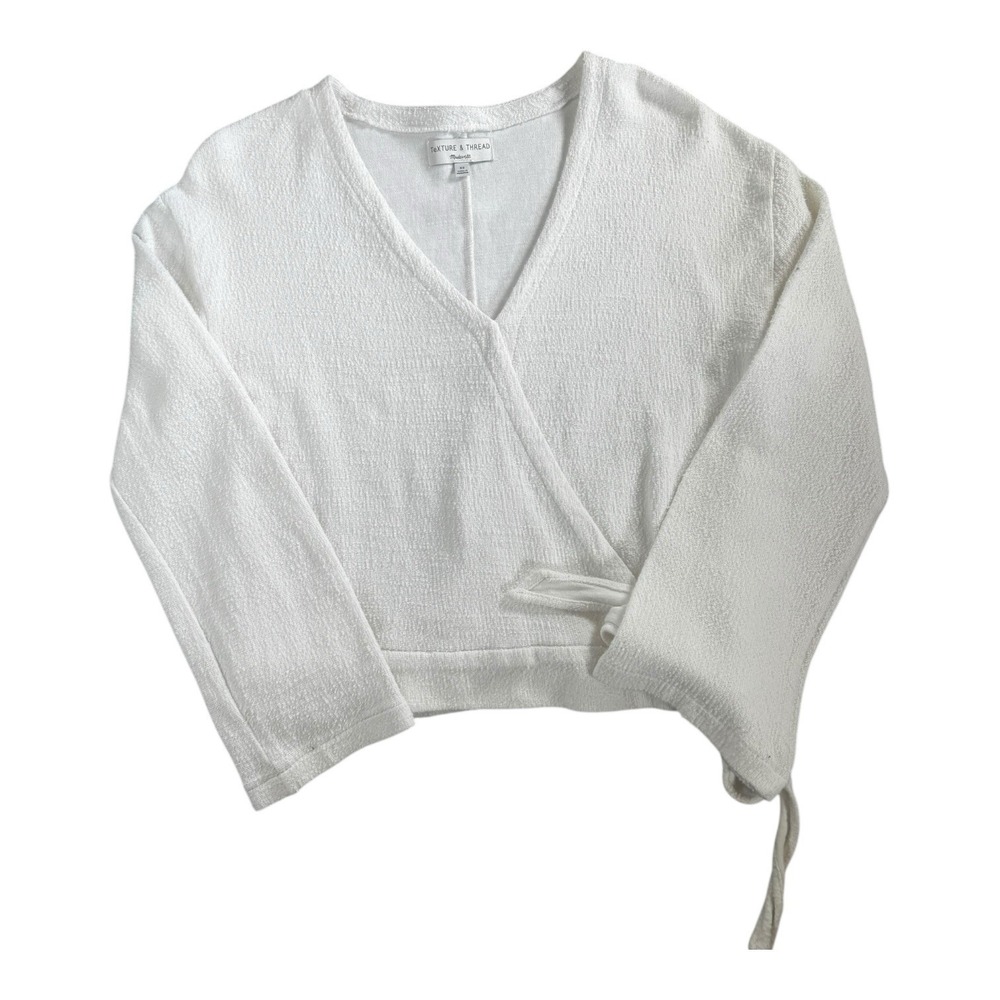 Texture Thread Madewell Wrap Top White Textured Knit Long Sleeve Cropped XS